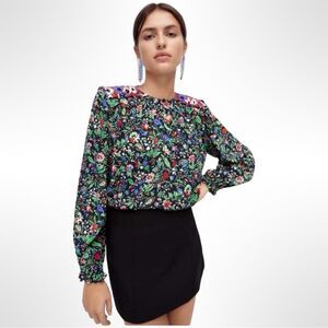 ZARA Shoulder Pad Patchwork Floral Blouse in Black/Multicolor | Size Medium